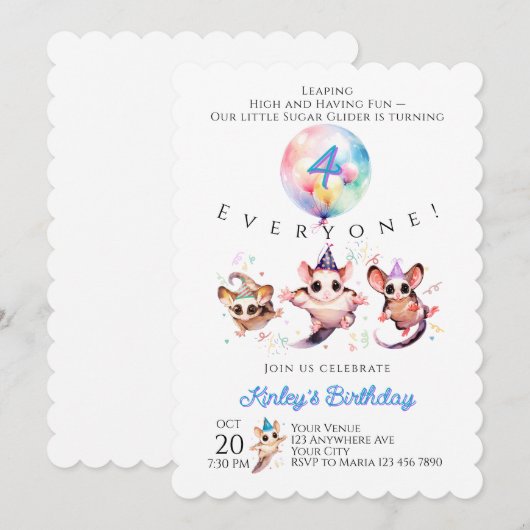 Sugar Glider Birthday Invitation (Devant / Derrière)