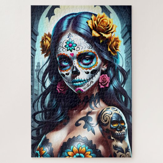 Sugar Skull Art - Bloeiende schoonheid Legpuzzel (Verticaal)