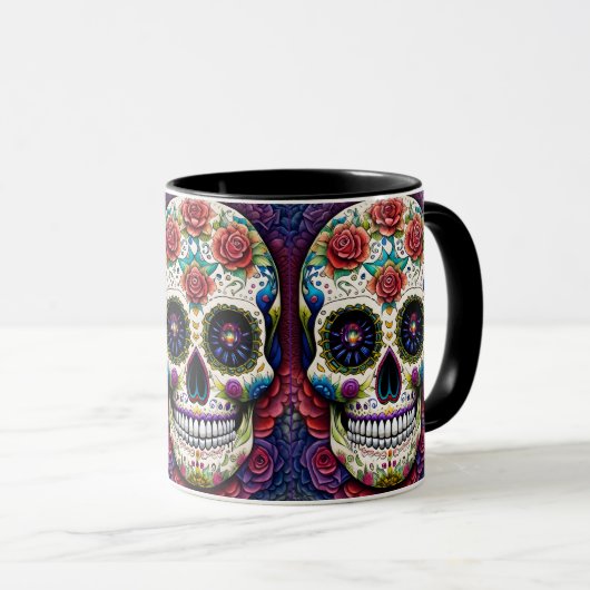 Sugar Skull Art Bloem Schedel Roze Rozen Mok (Voorkant rechts)