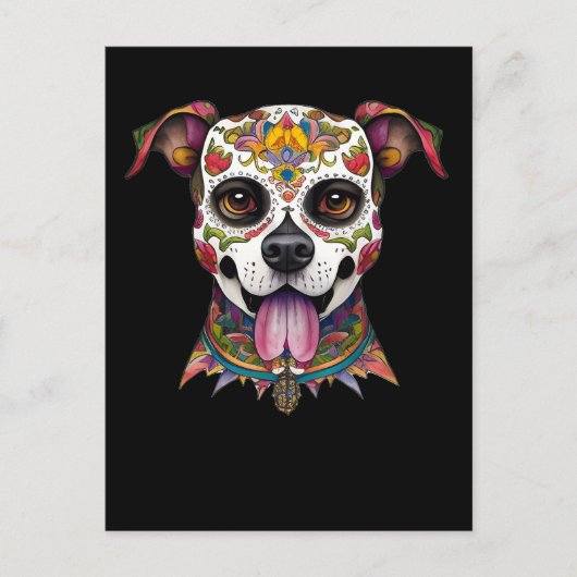 Sugar Skull Art - Dag van de Dode Sugar Skull Hond Briefkaart (Voorkant)