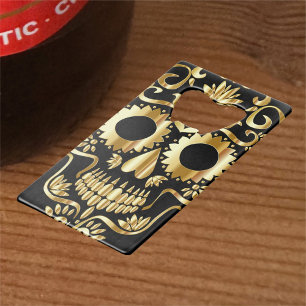 Sugar Skull Art, Dag van de Doden, Zwart en Goud Kredietkaart Flessenopener
