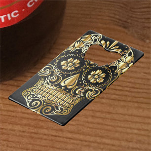 Sugar Skull Art, Dag van de Doden, Zwart en Goud Kredietkaart Flessenopener