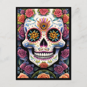 Sugar Skull Art - Dia de los Muertos Floral Skull Briefkaart