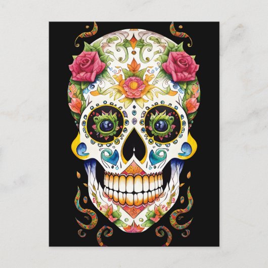 Sugar Skull Art - Feestelijk met Roze Rozen Briefkaart (Voorkant)