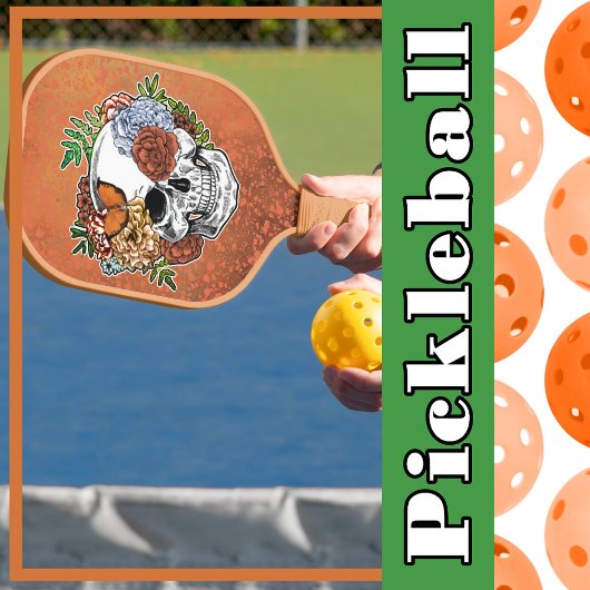 Sugar Skull Art Flowers Vlinder Sinaasappel Grunge Pickleball Paddle