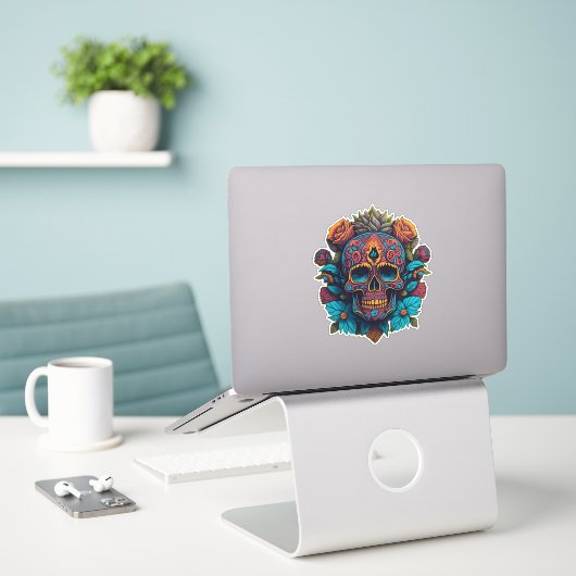 Sugar Skull Art - in rood, blauw en goud Sticker (Laptop op bureau)