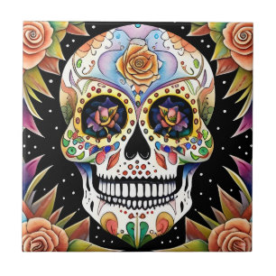 Sugar Skull Art - Kleurrijk Mexicaans Fiesta Desig Tegeltje