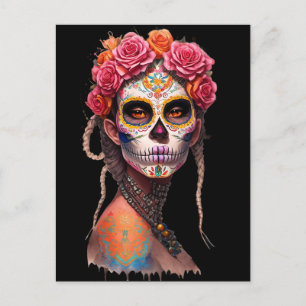 Sugar Skull Art - Meisje met gevlochten haar en ro Briefkaart