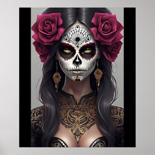 Sugar Skull Art - Rozen en feestvreugde Poster
