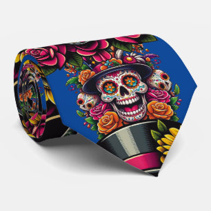 Sugar Skull Art -Top Hat Floral Fiesta (Blauw) Stropdas