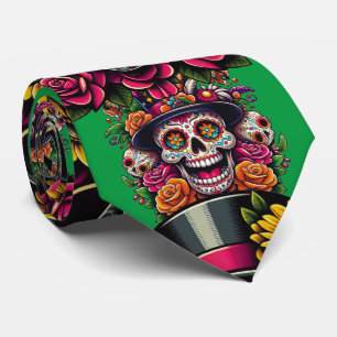 Sugar Skull Art -Top Hat Floral Fiesta (Groen) Stropdas