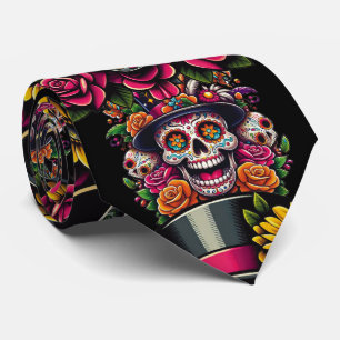 Sugar Skull Art -Top Hat Floral Fiesta Stropdas