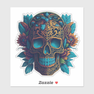 Sugar Skull Art - Zwarte en Gouden Bloem Schedel Sticker