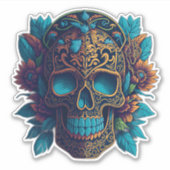 Sugar Skull Art - Zwarte en Gouden Bloem Schedel Sticker (Voorkant)