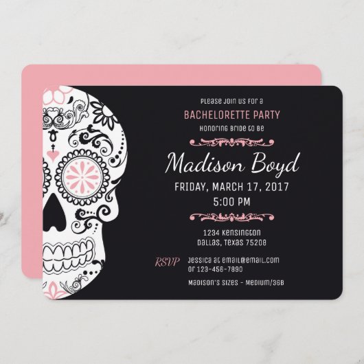 Sugar Skull Bachelorette Party Roze & Zwart Uitnod Kaart (Voorkant / Achterkant)