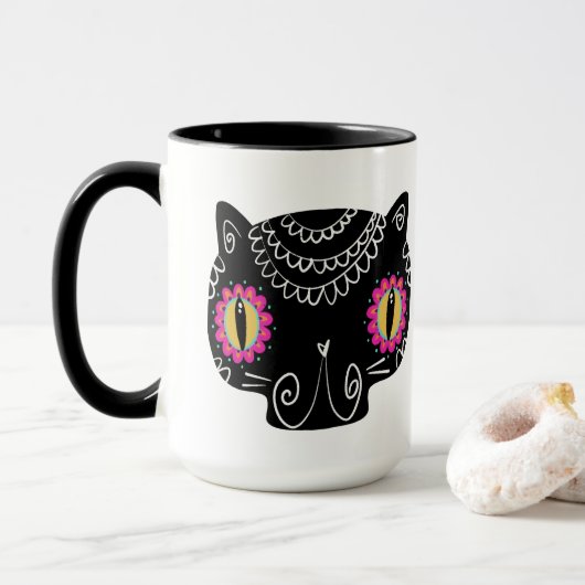 Sugar Skull Cat Catrina Dag van de Doden Mok (Met donut)