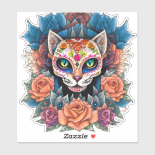 Sugar Skull Cat Omgeven door bloemen Sticker