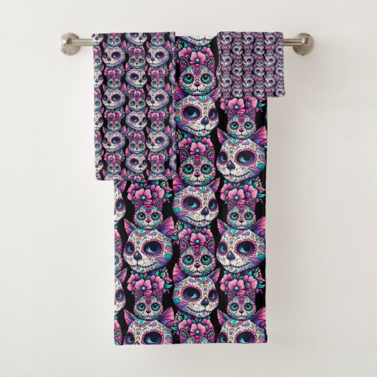 Sugar Skull Cat Pattern Bad Handdoek (Insitu)