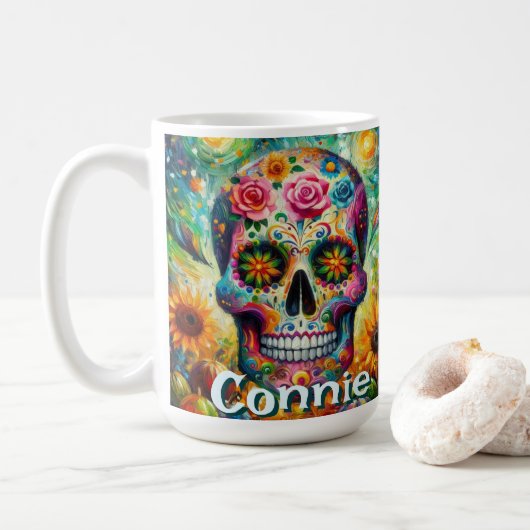 Sugar Skull Day of the Dead Floral Personalized Koffiemok (Met donut)