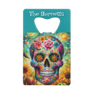 Sugar Skull Day van de dode bloem gepersonaliseerd Kredietkaart Flessenopener
