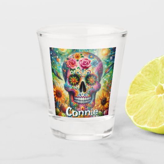 Sugar Skull Day van de dode bloem gepersonaliseerd Shot Glas (Voorkant)