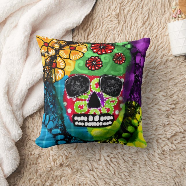 Sugar Skull Day van de Dode Bloemen Groen Rood Bla Kussen (Deken)