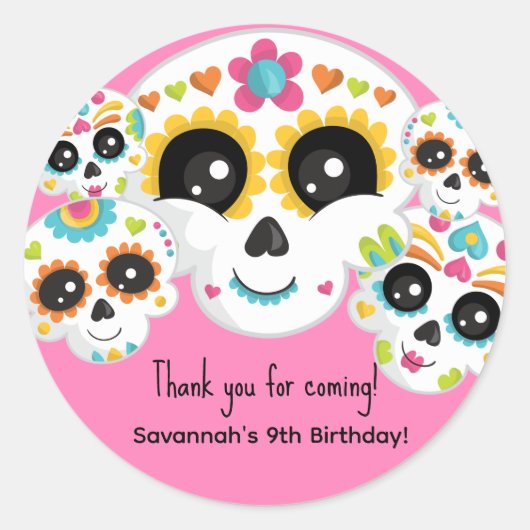 Sugar Skull Dia de La Muerte Halloween Birthday Ronde Sticker (Voorkant)