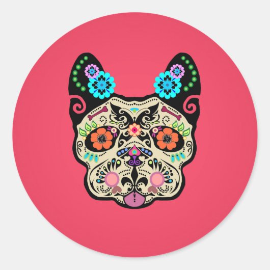 Sugar Skull Frenchie - Roze Ronde Sticker (Voorkant)