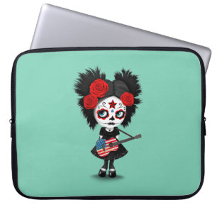 Sugar Skull Girl die Amerikaanse vlag speelt Laptop Sleeve
