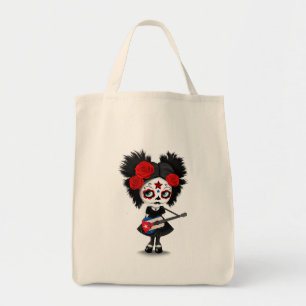 Sugar Skull Girl die Cuban Flag Guitar speelt Tote Bag