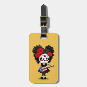 Sugar Skull Girl die Puerto Rican Flag Guitar spee Bagagelabel