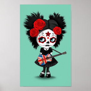 Sugar Skull Girl die Union Jack Guitar speelt Poster