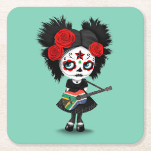 Sugar Skull Girl die Zuid-Afrikaanse vlag speelt Vierkante Kartonnen Onderzetter