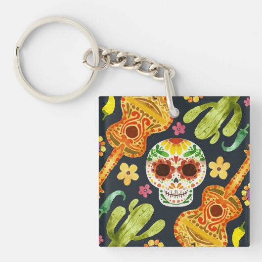Sugar Skull & Gitaren Dia de Muertos | Button Sleu Sleutelhanger (Voorkant)