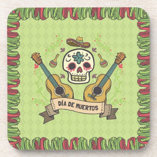 Sugar Skull & Gitaren Dia de Muertos | Onderzetter (Voorkant)