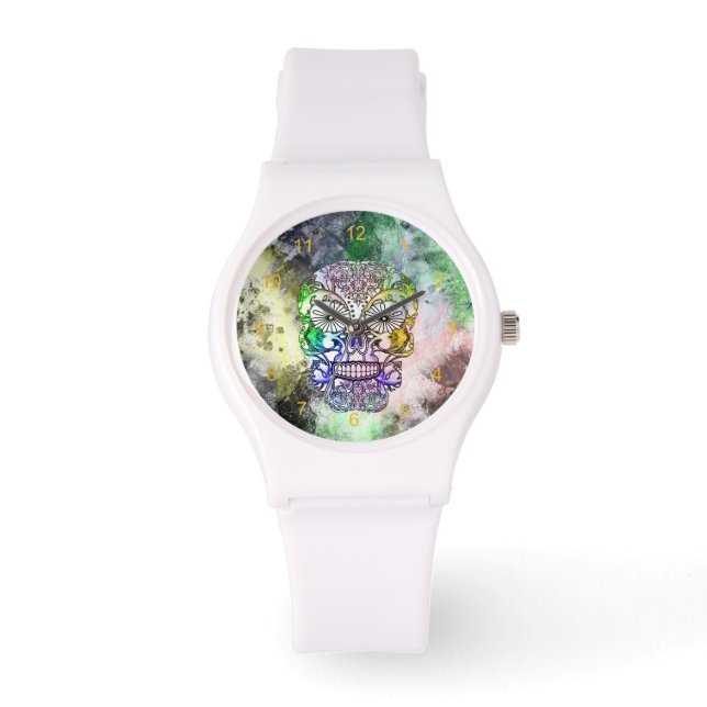 Sugar Skull Grunge Skelet Horloge (Voorkant)