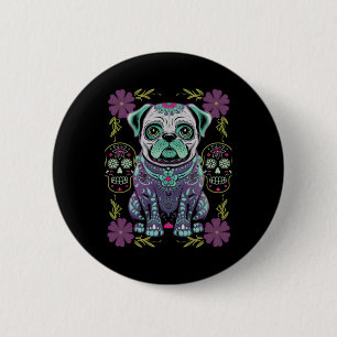 Sugar Skull Halloween Day Dead Pug Dia Los Muertos Ronde Button 5,7 Cm