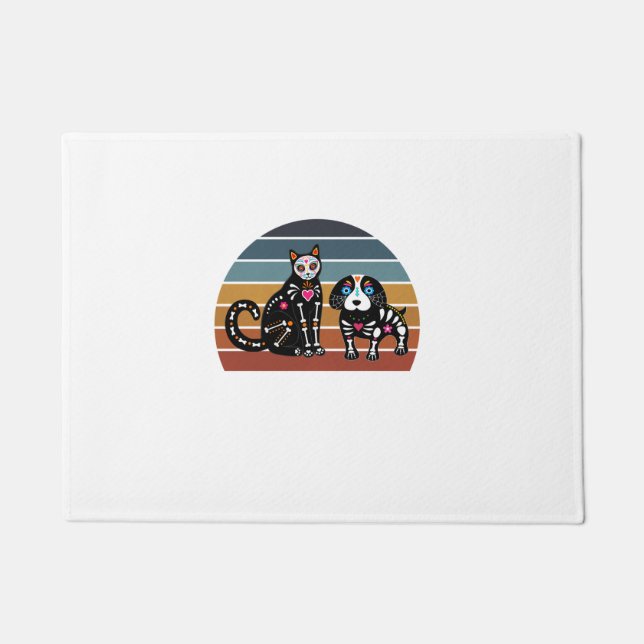 Sugar Skull Kat en Hond Shirt Grappige Retro Kat e Deurmat (Voorkant)