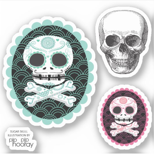 Sugar Skull n Crossbones Cameo Tattoo Cut Sticker (Voorkant)
