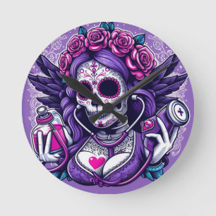 Sugar Skull Nurse Clock Ronde Klok