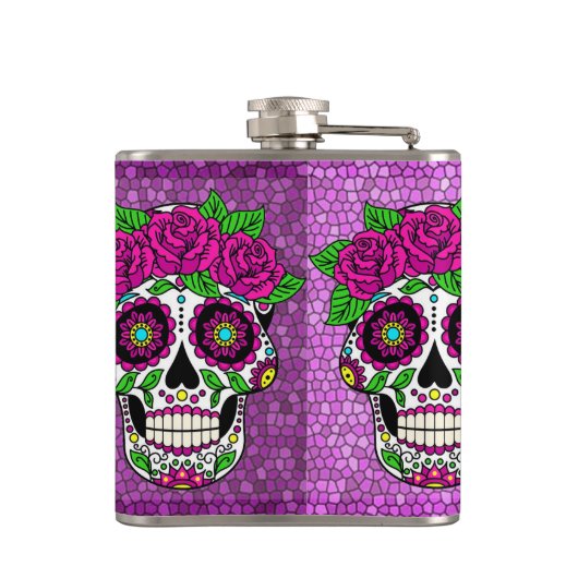 Sugar Skull op Glitter Achtergrond Dag van de Dode Heupfles (Achterkant)