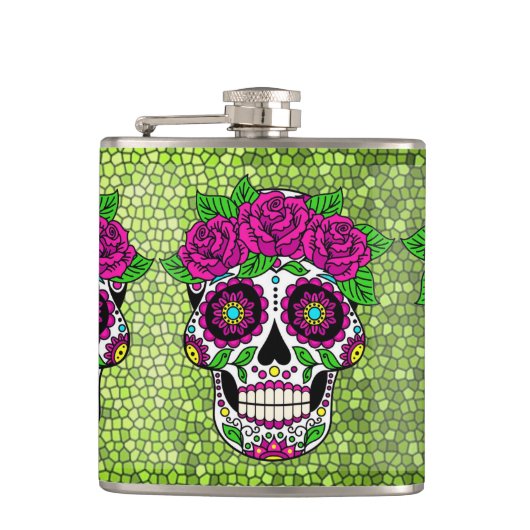 Sugar Skull op Glitter Achtergrond Dag van de Dode Heupfles (Voorkant)