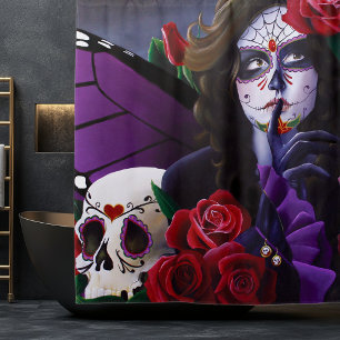 Sugar Skull Red Roses Paarse Douchegordijn