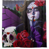 Sugar Skull Red Roses Paarse Douchegordijn (Voorkant)