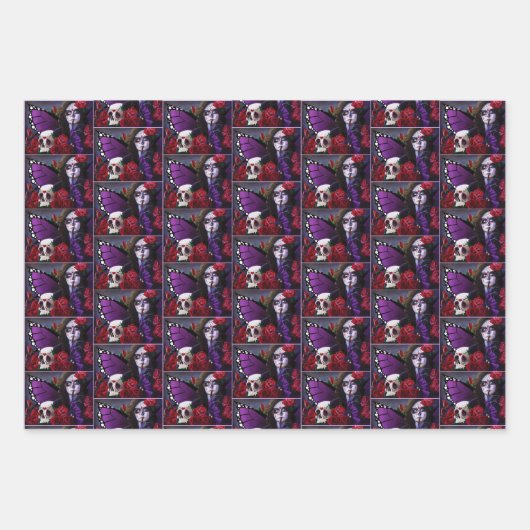 Sugar Skull Red Roses Paarse Inpakpapier Vel (Voorkant 3)