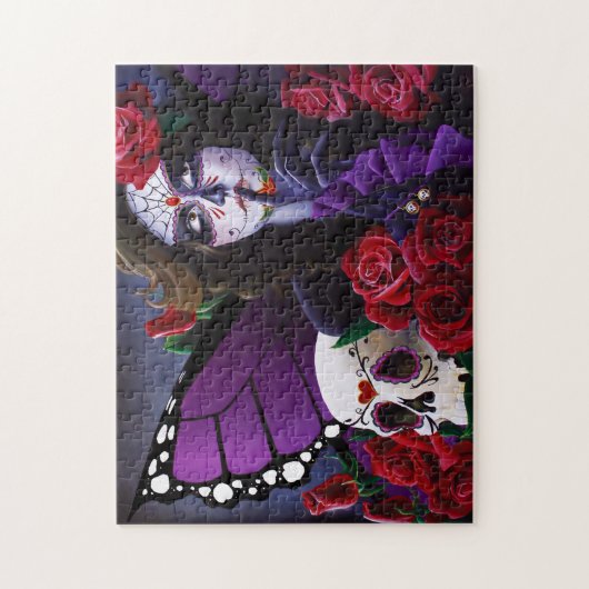 Sugar Skull Red Roses Paarse Legpuzzel (Verticaal)