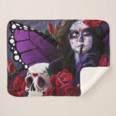 Sugar Skull Red Roses Paarse Sherpa Deken (Voorkant (horizontaal))