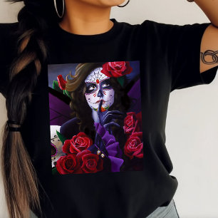Sugar Skull Red Roses Paarse T-shirt
