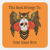 Sugar Skull Rozen Uil Bookplate Vierkante Sticker (Voorkant)