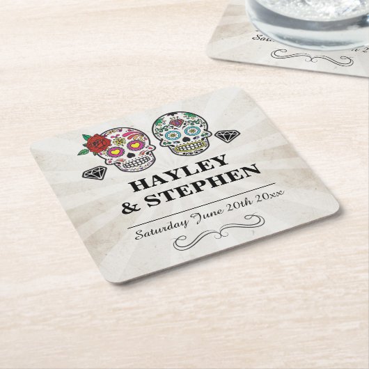 Sugar Skull Rustic Onderzetters Plaats Trouwfeest (Schuin)